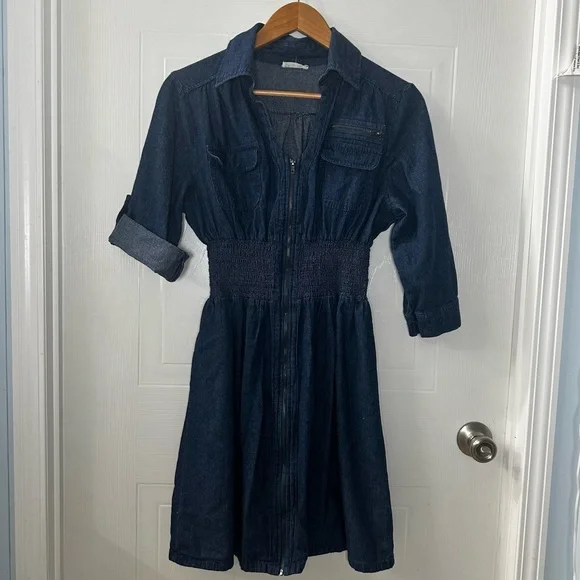 Denim Zip‑Front Utility Dress Small Smocked Waist Roll‑Tab Sleeves - Picture 1 of 7